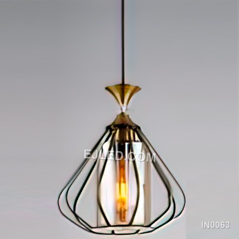 Pyramid Vintage Retro Ceiling Lights with Clear Glass Shade 1-Light Wire Gold Finish Cage for Home Decor Kitchen IN0063