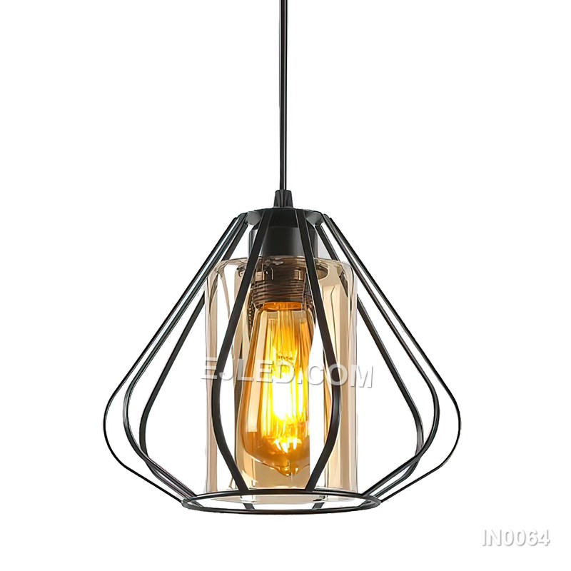 Pyramid Glass Pendant Light with Clear Glass Shade 1-Light Wire Gold Finish Cage E27 Base for Home Decor Kitchen IN0064