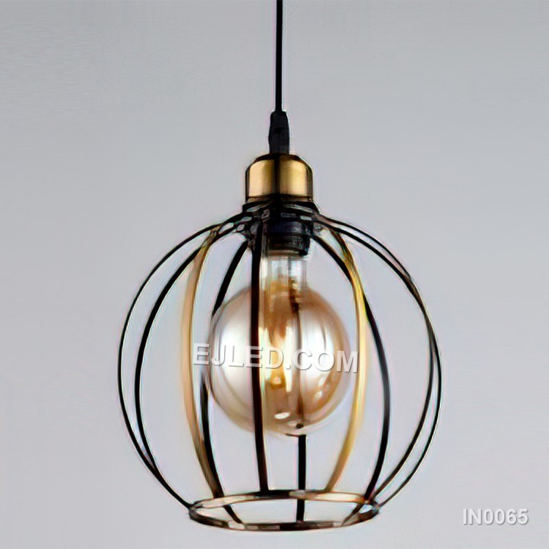 Ball Gold Pendant Light Metal Wire Cage Lampshade with Clear Glass Ball Electroplate Light Fixture 1-Light for Kitchen IN0065