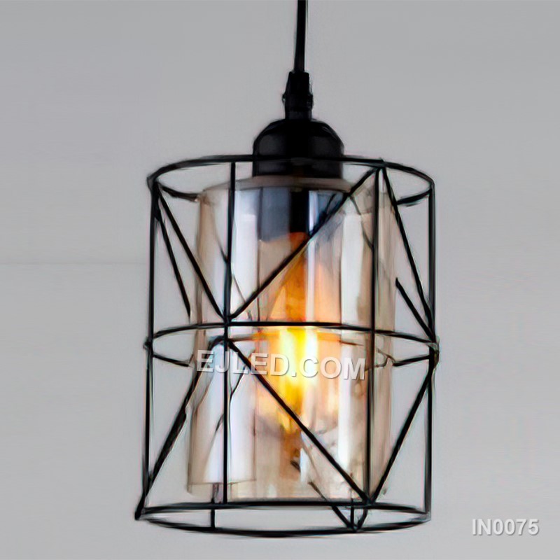 Hanging Lights Black Pendant Lights with Clear Glass Cylinder Wire Cage Vintage Retro Chandelier for Indoor Dining IN0075