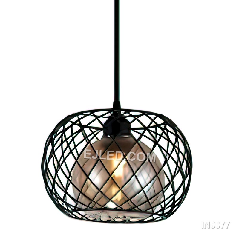 Basket Black Pendant Lights with Glass Ball Shade Industrial Inspired Cage Design 1-Light Hanging Lamp for Home IN0077