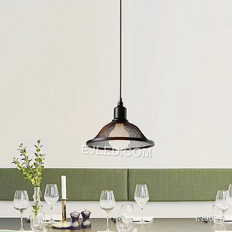 Black iron forms the clean, simple bell shape of the IN0081 pendant light, providing downward-directed illumination from a single exposed lamp. Its moderate size makes it suitable for individual accent lighting or multiple installations. - view 4