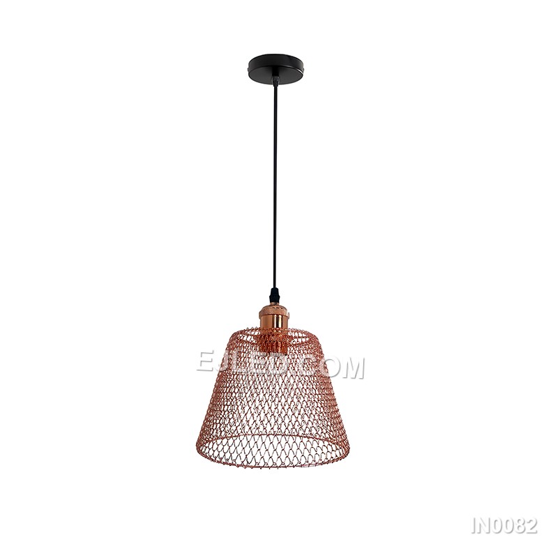 The IN0082 pendant light is constructed from copper, featuring a conical shade with an articulated, foldable design. It has a black exterior finish and a warm gold-toned interior, directing light downwards.