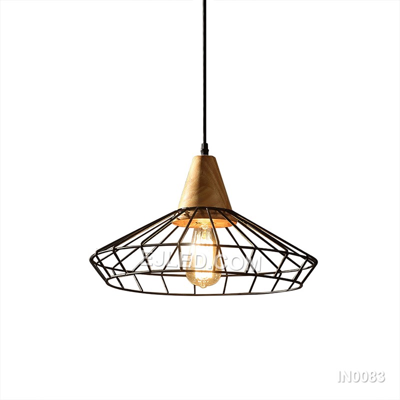 For focused task lighting, the IN0083 pendant light delivers concentrated illumination. It features a black conical metal shade topped with a natural wooden element, directing light downwards from a single bulb.
