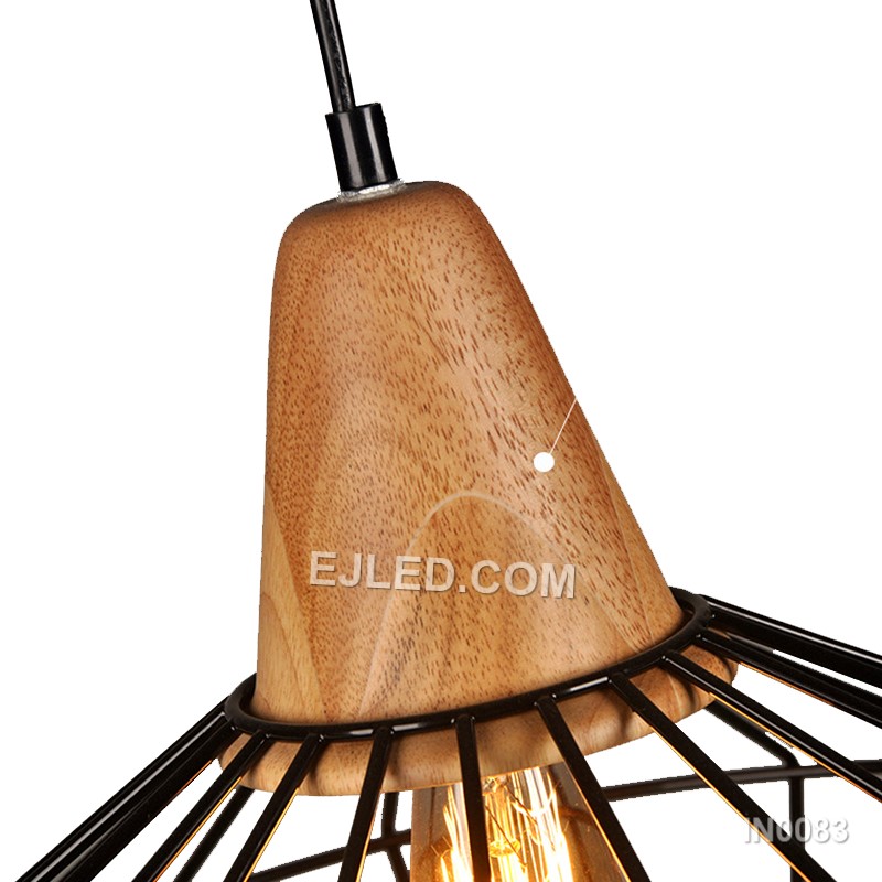 For focused task lighting, the IN0083 pendant light delivers concentrated illumination. It features a black conical metal shade topped with a natural wooden element, directing light downwards from a single bulb. - view 2