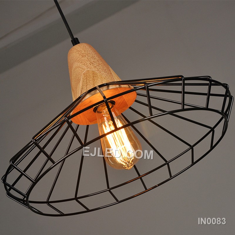 For focused task lighting, the IN0083 pendant light delivers concentrated illumination. It features a black conical metal shade topped with a natural wooden element, directing light downwards from a single bulb. - view 3