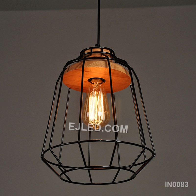 For focused task lighting, the IN0083 pendant light delivers concentrated illumination. It features a black conical metal shade topped with a natural wooden element, directing light downwards from a single bulb. - view 4