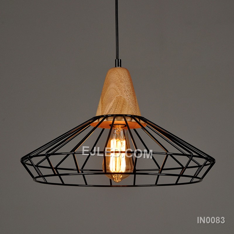 For focused task lighting, the IN0083 pendant light delivers concentrated illumination. It features a black conical metal shade topped with a natural wooden element, directing light downwards from a single bulb. - view 5