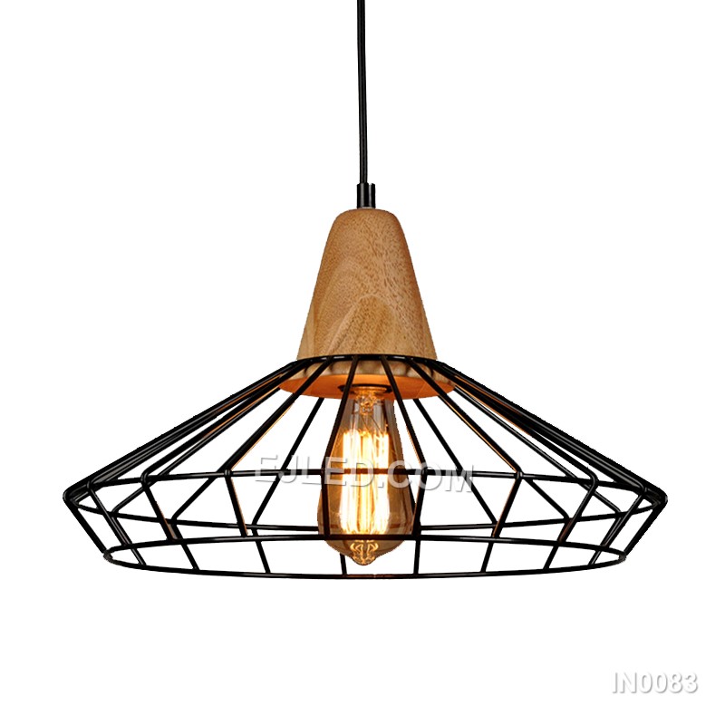 Home Lighting Black Metal Pendant Lights with Wood Head Horn Cover Lampshade 1-Light Fixtures for Bar Room IN0083