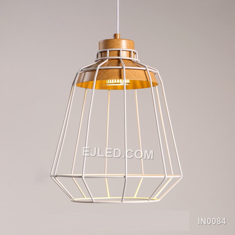 A cylindrical "birdcage" form defines the IN0084 pendant light, crafted from black metal wire and accented with natural wooden discs at the top and bottom. This open design offers ambient light with minimal obstruction. - view 3