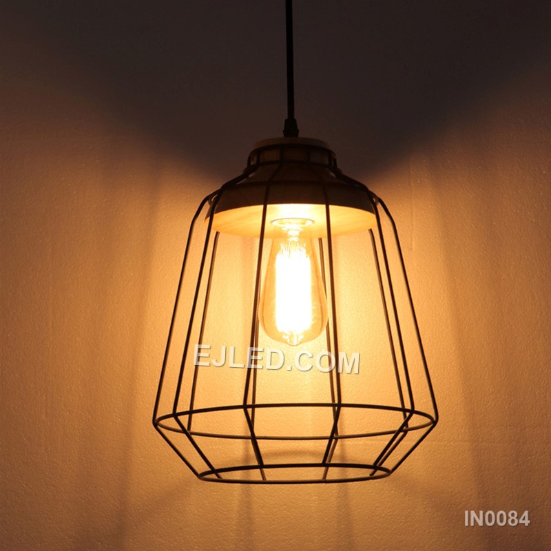 A cylindrical "birdcage" form defines the IN0084 pendant light, crafted from black metal wire and accented with natural wooden discs at the top and bottom. This open design offers ambient light with minimal obstruction. - view 5