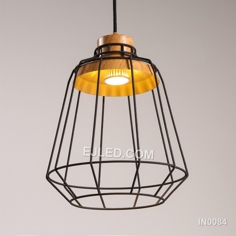 BirdCage Shape Black Penant Lights with Wood Head Led Light E27 E26 Socket 1-Light Fixtures for Kitchen Farm IN0084