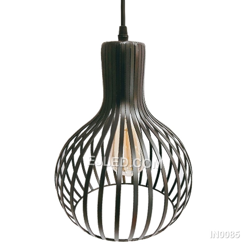 A round, open wire cage defines this single black iron pendant light, designed to cast a soft, ambient glow suitable for dining areas, bar counters, or hotel lobbies. Its simple form allows for versatile placement.