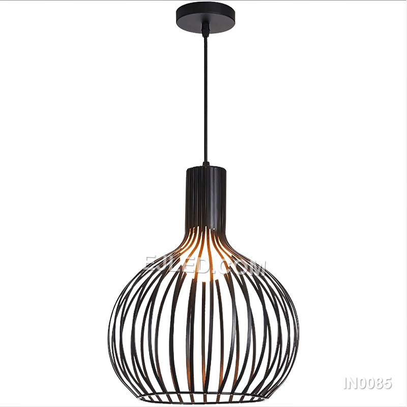 A round, open wire cage defines this single black iron pendant light, designed to cast a soft, ambient glow suitable for dining areas, bar counters, or hotel lobbies. Its simple form allows for versatile placement. - view 2