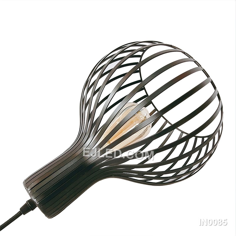 A round, open wire cage defines this single black iron pendant light, designed to cast a soft, ambient glow suitable for dining areas, bar counters, or hotel lobbies. Its simple form allows for versatile placement. - view 3