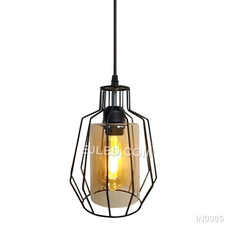 Wholesale Black Pendant Light Metal Wine Cage with Clear Glass Shade 1-Light Fixtures for Kitchen Island Foyer IN0086