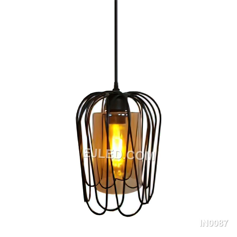 A cylindrical iron pendant, the IN0087 features a matte black cage enclosing a clear glass shade, providing glare-free, widespread illumination from a single lamp. - view 2