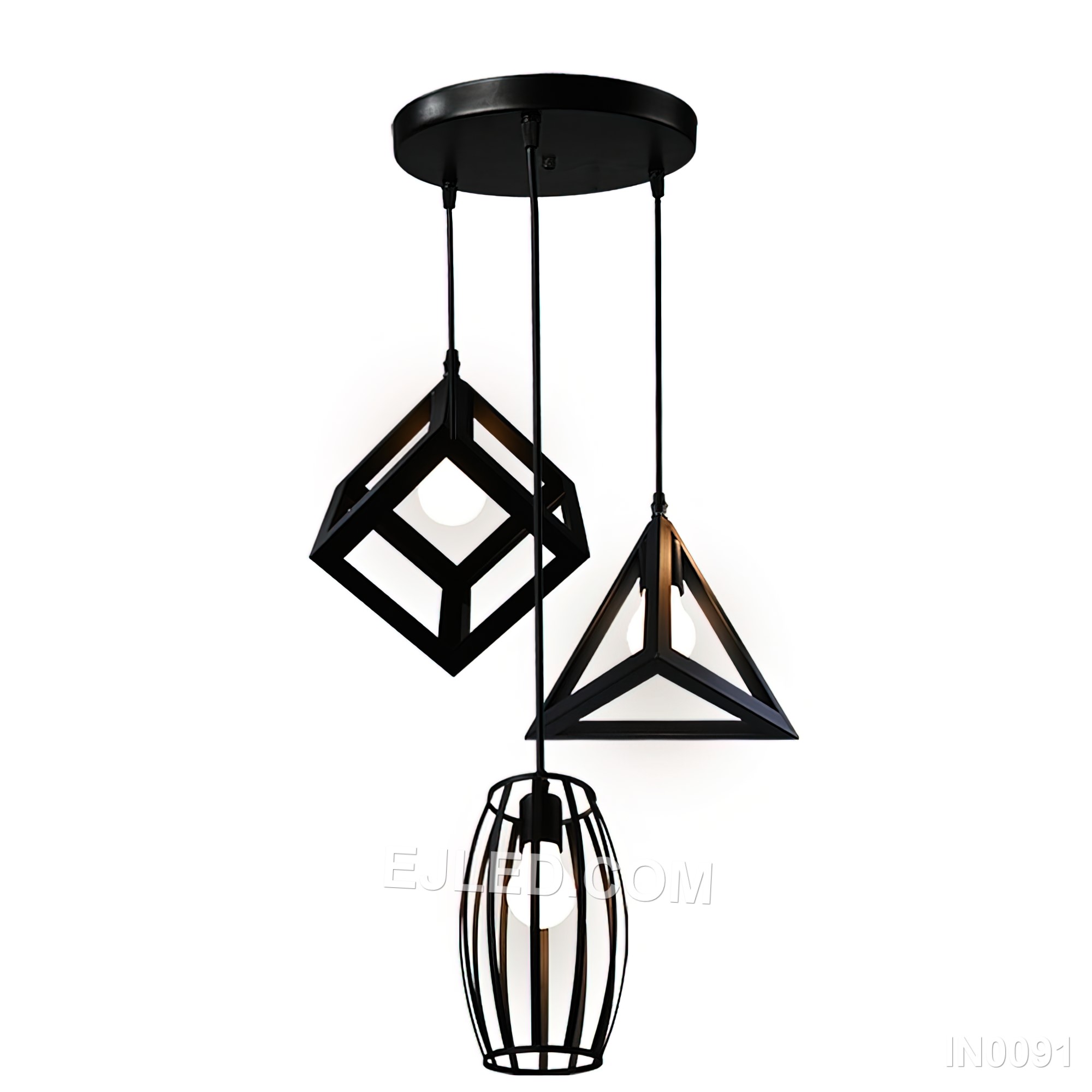 Three open cylindrical black iron cages create a staggered cluster pendant light, each enclosing a single bulb. This fixture provides diffused ambient light and a distinctive visual element for various interiors.