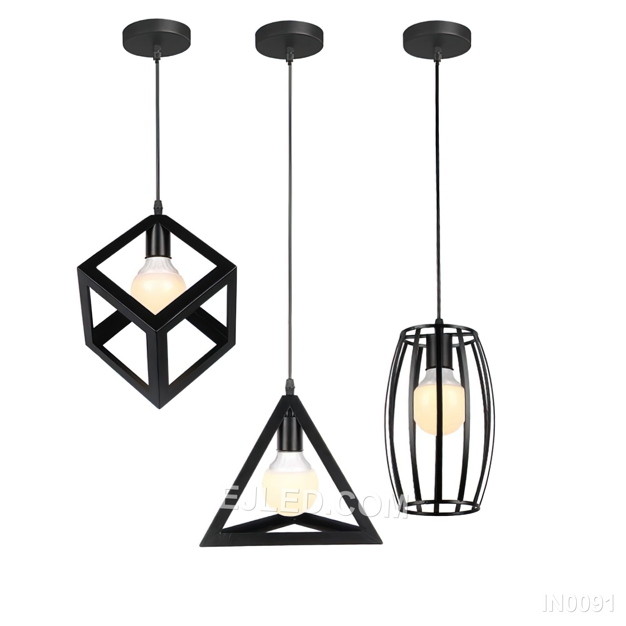 Three open cylindrical black iron cages create a staggered cluster pendant light, each enclosing a single bulb. This fixture provides diffused ambient light and a distinctive visual element for various interiors. - view 3