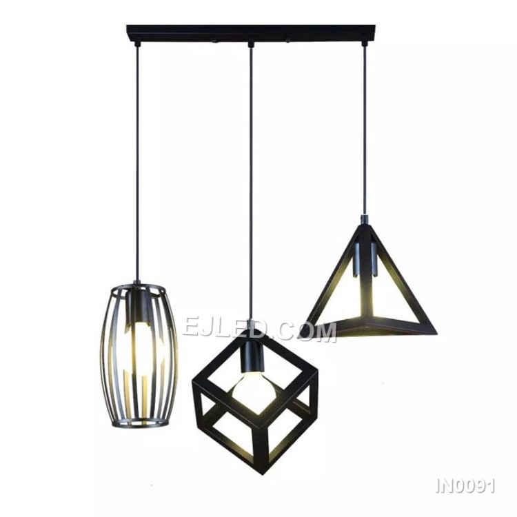 Lighting Ceiling Modern Iron Black Pendant Lights 3-Lights with Metal Cage Lampshade Light Fixtures for Kitchen Island IN0091