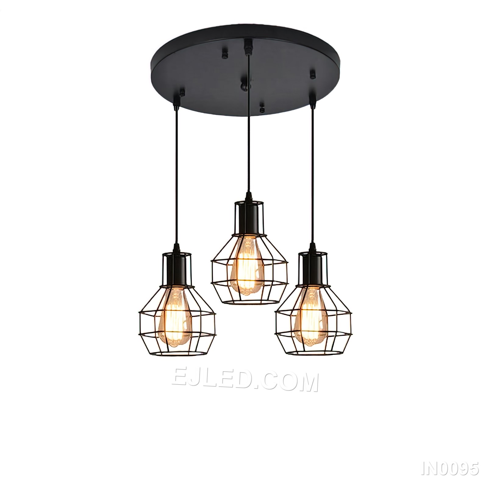Statement lighting for dining areas or hotel lobbies, the IN0095 pendant light brings a unique blend of materials. An open square cage of black metal encloses an inner wooden frame, creating a rustic-industrial aesthetic with a single lamp inside.