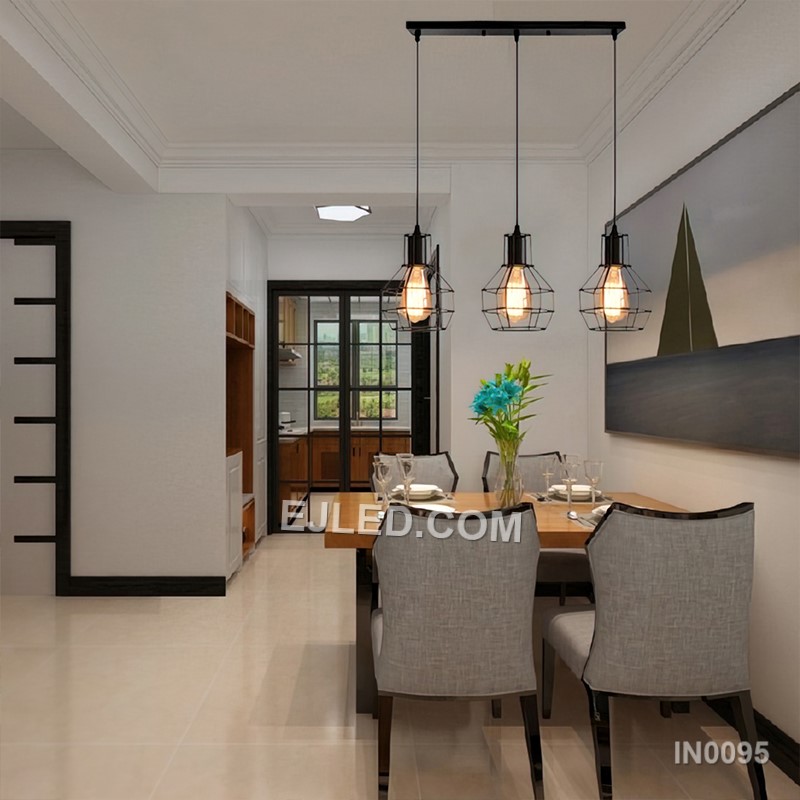 Statement lighting for dining areas or hotel lobbies, the IN0095 pendant light brings a unique blend of materials. An open square cage of black metal encloses an inner wooden frame, creating a rustic-industrial aesthetic with a single lamp inside. - view 4
