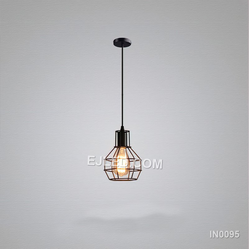 Statement lighting for dining areas or hotel lobbies, the IN0095 pendant light brings a unique blend of materials. An open square cage of black metal encloses an inner wooden frame, creating a rustic-industrial aesthetic with a single lamp inside. - view 6
