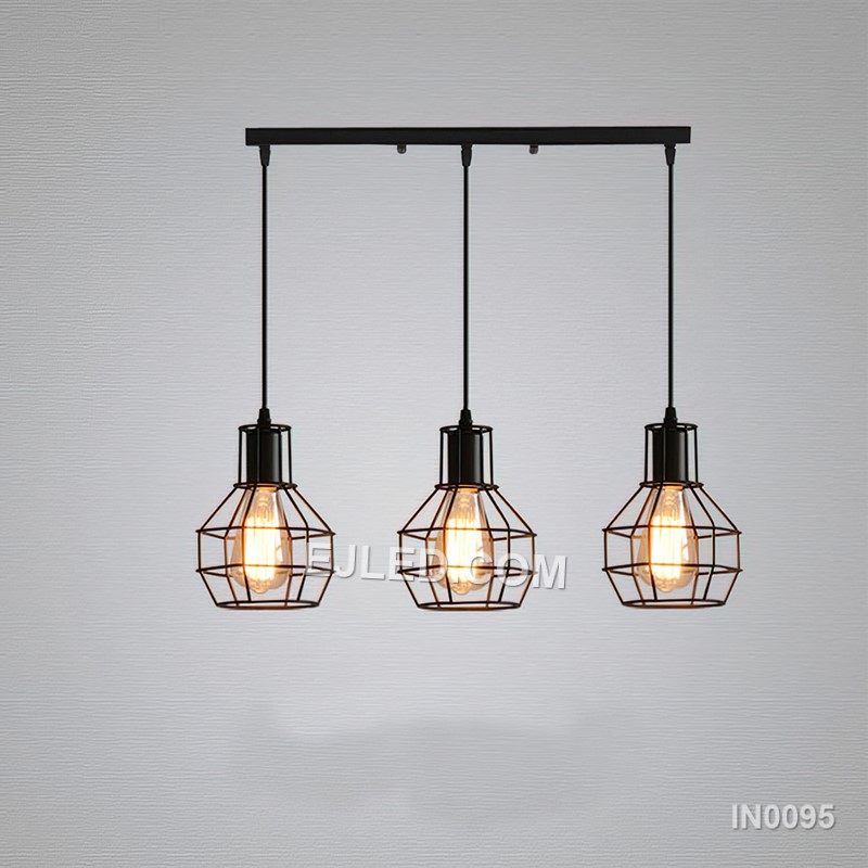Open Black Metal Square Cage with Inner Wooden Frame Pendant Light IN0095