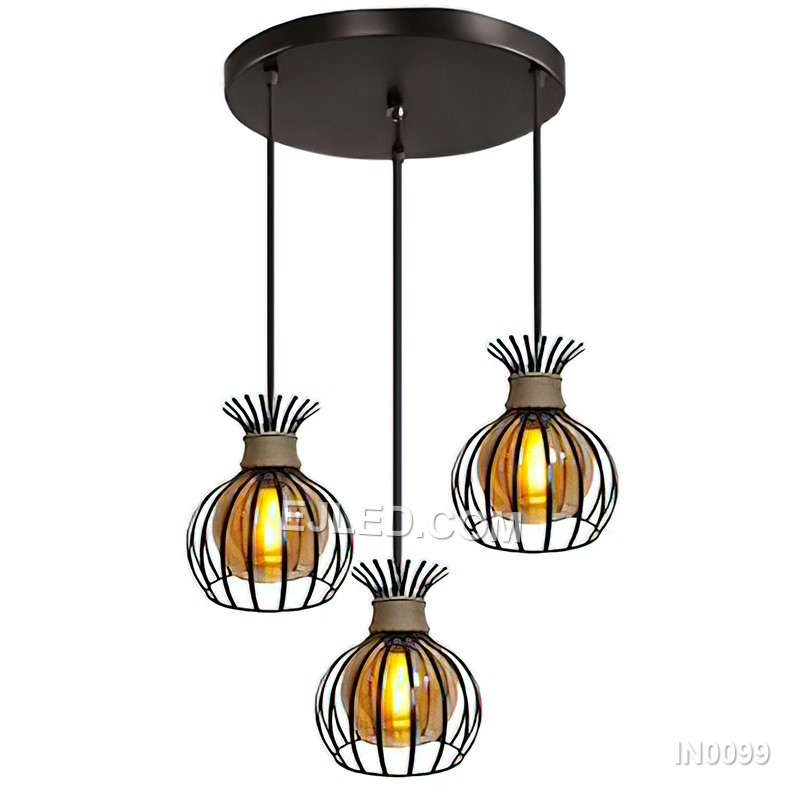 A single-lamp pendant, the IN0099 features a black iron wire cage encompassing a clear glass sphere. It hangs from a natural hemp rope, providing a rustic touch while the open metalwork allows for broad light distribution.