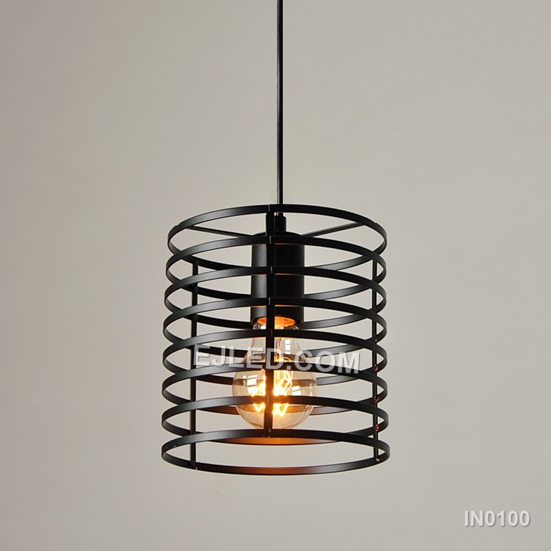 Unlike single-lamp designs, the IN0100 pendant light presents a cluster of three cylindrical black iron wire cages, each enclosing a bulb. This arrangement offers broader light coverage and a more substantial visual presence. - view 2