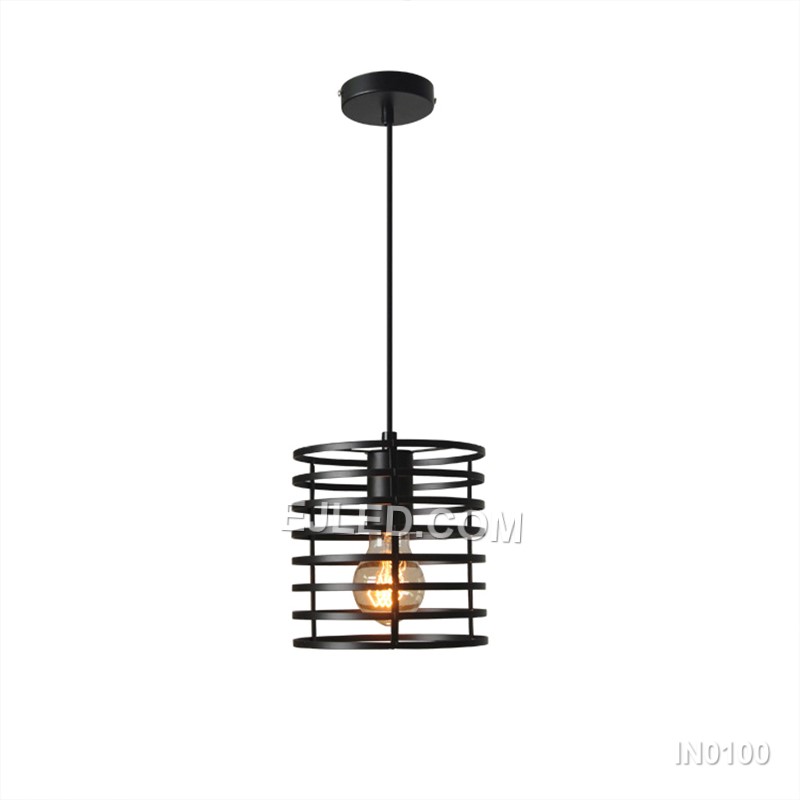 Unlike single-lamp designs, the IN0100 pendant light presents a cluster of three cylindrical black iron wire cages, each enclosing a bulb. This arrangement offers broader light coverage and a more substantial visual presence. - view 3