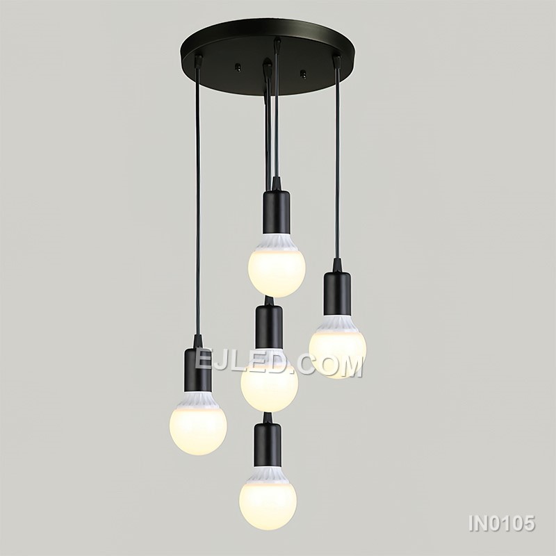 The IN0105 chandelier offers a minimalist design, ideal for illuminating open plan spaces or stairwells with its widespread ambient light. This multi-lamp fixture consists of five individual pendants, each featuring an exposed lamp within a simple E27 socket.