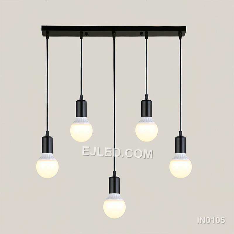 The IN0105 chandelier offers a minimalist design, ideal for illuminating open plan spaces or stairwells with its widespread ambient light. This multi-lamp fixture consists of five individual pendants, each featuring an exposed lamp within a simple E27 socket. - view 3