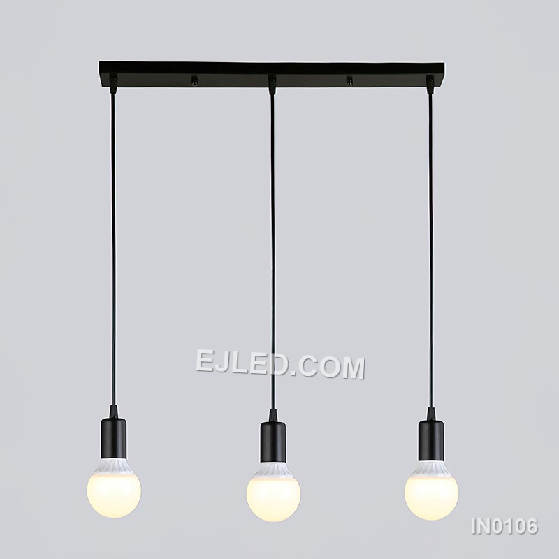 A long linear form with five cylindrical open cages defines the IN0106 pendant light, suitable for high ceilings or longer spaces like kitchen islands and dining tables. Each cage is crafted from black finished iron wire, enclosing a single exposed lamp. - view 2