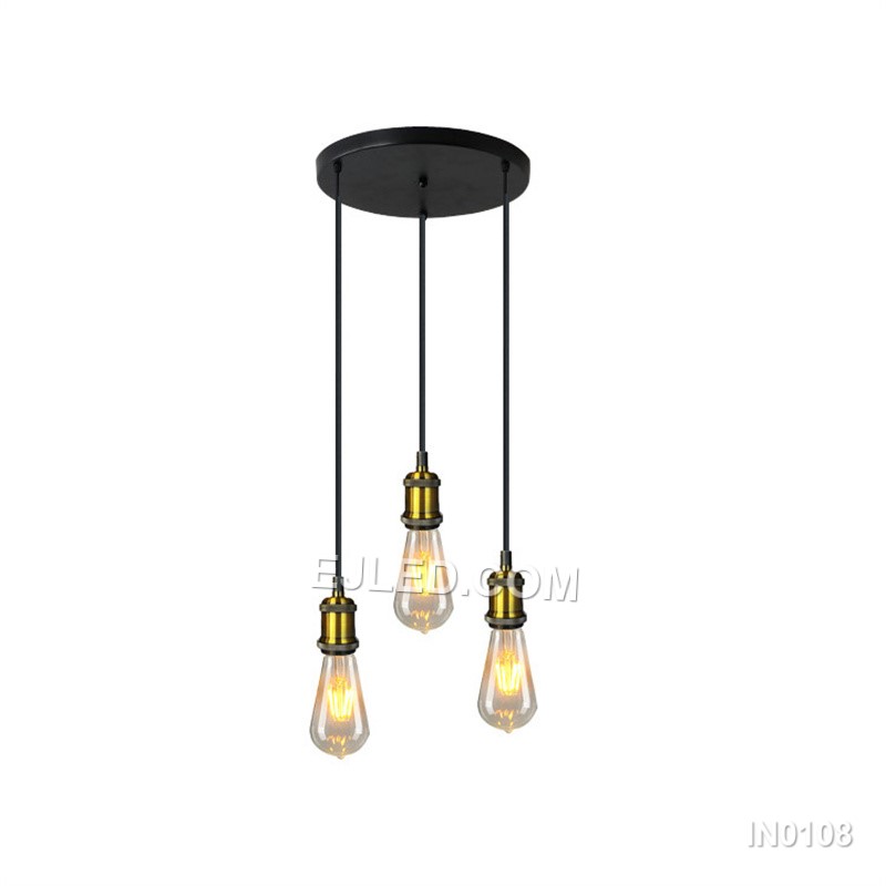 Model IN0108 presents three angular conical shades with open bases, each in a reflective gold metallic finish. Suspended from a single round canopy at a uniform height, this multi-lamp pendant is designed for broader illumination.