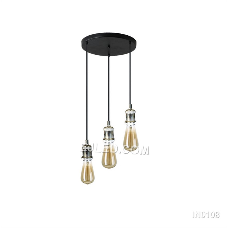 Model IN0108 presents three angular conical shades with open bases, each in a reflective gold metallic finish. Suspended from a single round canopy at a uniform height, this multi-lamp pendant is designed for broader illumination. - view 2