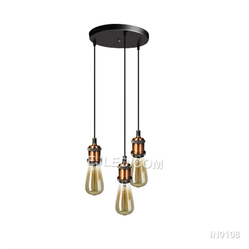 Model IN0108 presents three angular conical shades with open bases, each in a reflective gold metallic finish. Suspended from a single round canopy at a uniform height, this multi-lamp pendant is designed for broader illumination. - view 4