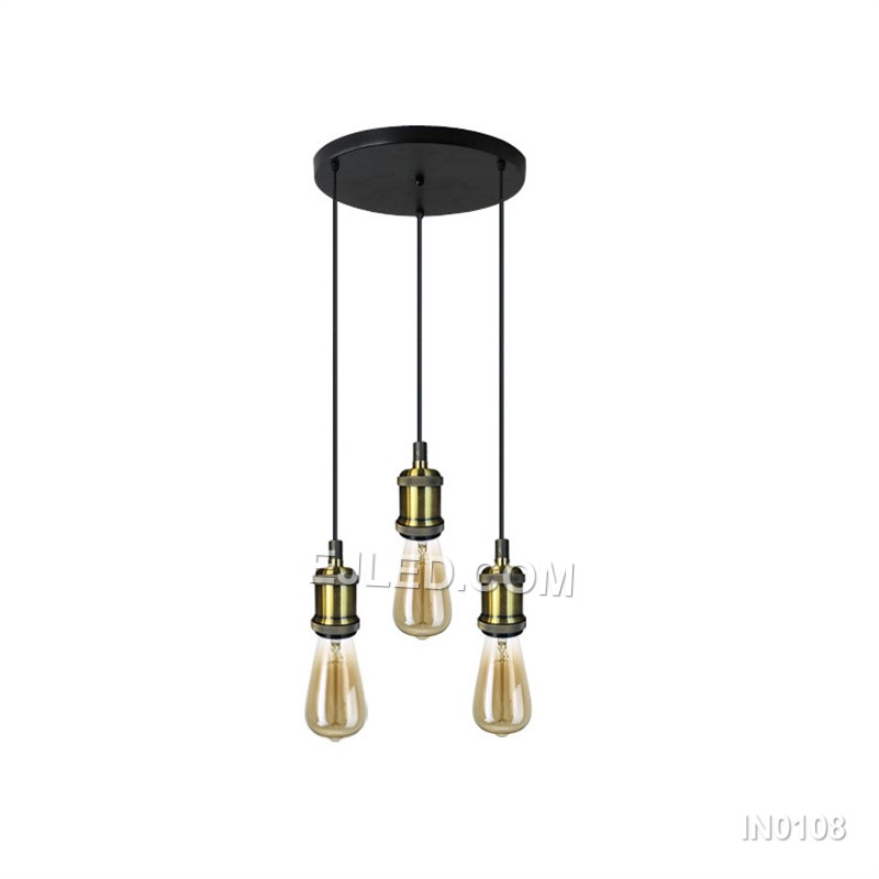 Model IN0108 presents three angular conical shades with open bases, each in a reflective gold metallic finish. Suspended from a single round canopy at a uniform height, this multi-lamp pendant is designed for broader illumination. - view 6
