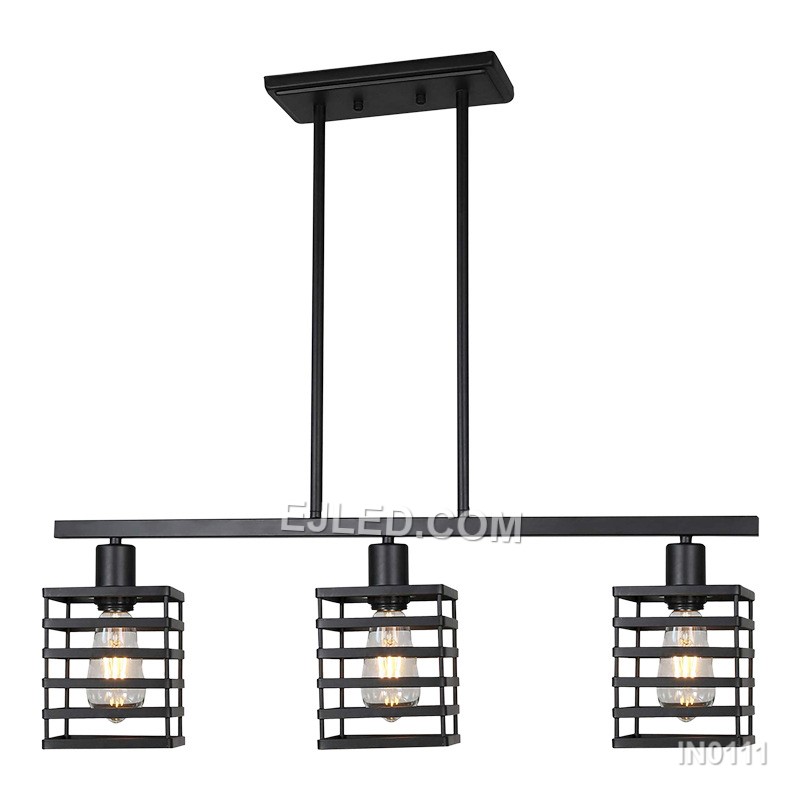 Over kitchen islands, dining tables, or in reception areas, the IN0111 pendant light provides focused illumination from three individual rectangular wire cages. Each black iron cage is open, allowing light to spread from the exposed bulbs within.