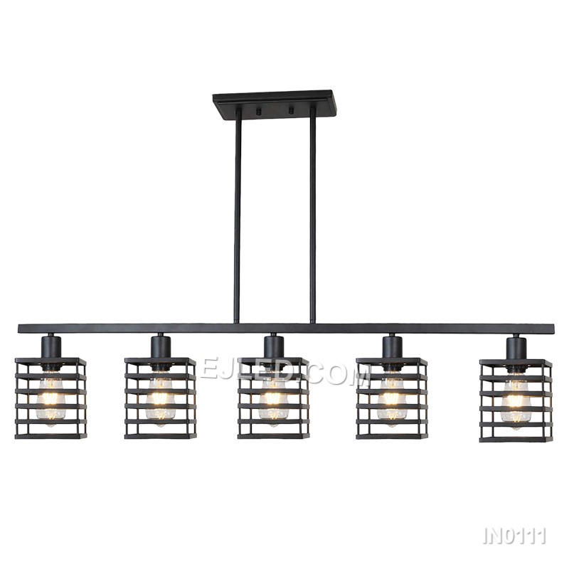 Black Pendant Lights Iron Chandelier Light with 3 Heads Tetragon Metal Cage Lampshade Light Fixtures Long Shape For Foyer IN0111