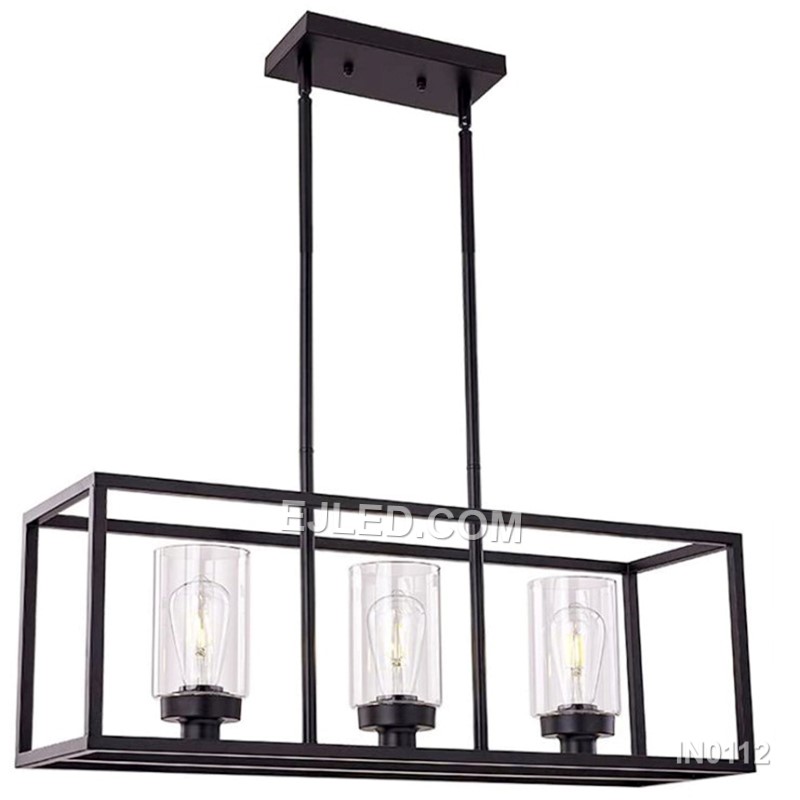 The IN0112 linear pendant light features a black steel frame enclosing five clear glass shades. Suspended by two cables, this fixture offers bright, focused illumination ideal for kitchen islands and long counters. - view 2