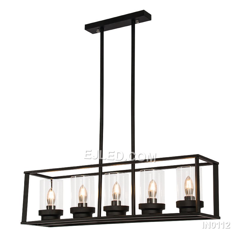 The IN0112 linear pendant light features a black steel frame enclosing five clear glass shades. Suspended by two cables, this fixture offers bright, focused illumination ideal for kitchen islands and long counters. - view 4