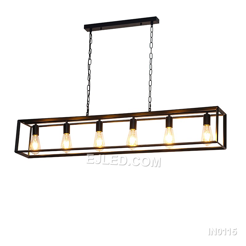 Black iron forms the open rectangular frame of this six-light pendant fixture, suspended by two adjustable chains. Its expansive shape makes it suitable for illuminating large dining tables or expansive kitchen islands.