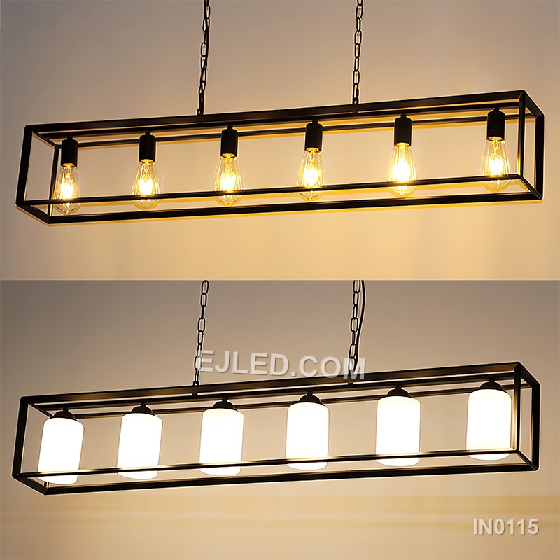 Black iron forms the open rectangular frame of this six-light pendant fixture, suspended by two adjustable chains. Its expansive shape makes it suitable for illuminating large dining tables or expansive kitchen islands. - view 2