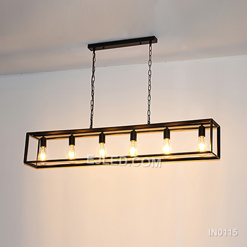 Black iron forms the open rectangular frame of this six-light pendant fixture, suspended by two adjustable chains. Its expansive shape makes it suitable for illuminating large dining tables or expansive kitchen islands. - view 4
