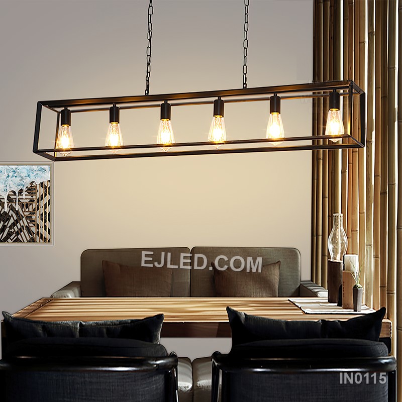 Chandeliers Rectangle Black 6 Light Dining Room Lighting Fixtures Contemporary Ceiling Light with Adjustable Iron Chain IN0115