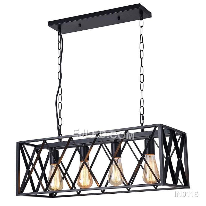Displaying four exposed lamps within a black iron open rectangular cage, model IN0116 is designed for linear suspension over dining tables, kitchen islands, or hospitality counters, providing broad, ambient light.