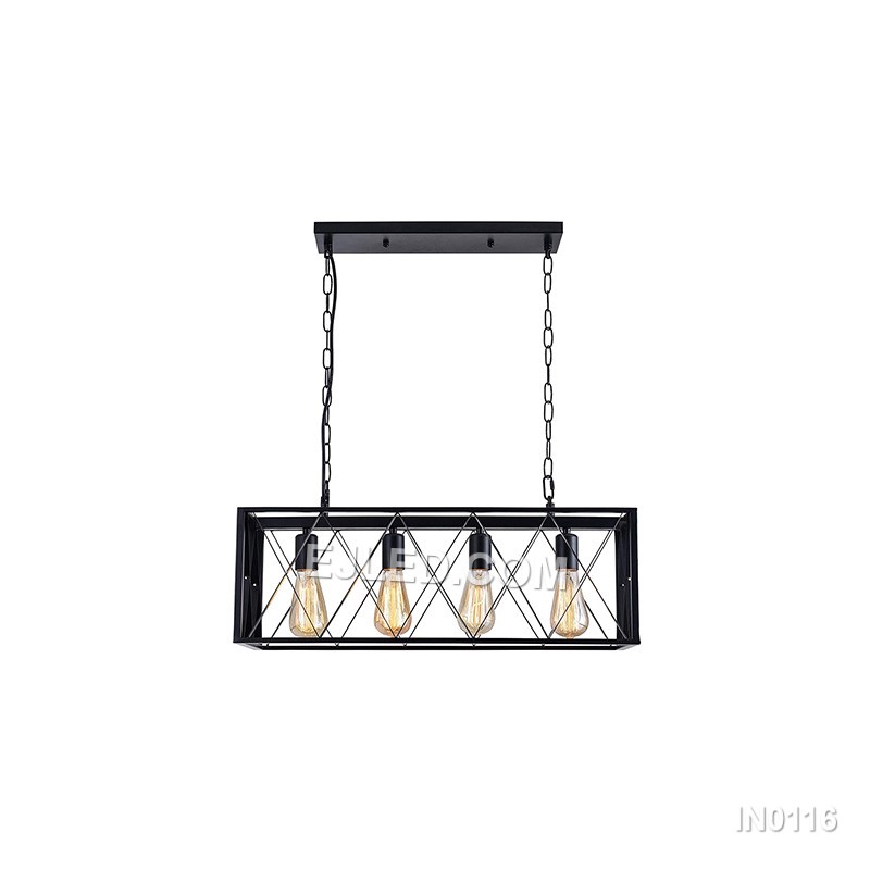 Displaying four exposed lamps within a black iron open rectangular cage, model IN0116 is designed for linear suspension over dining tables, kitchen islands, or hospitality counters, providing broad, ambient light. - view 2