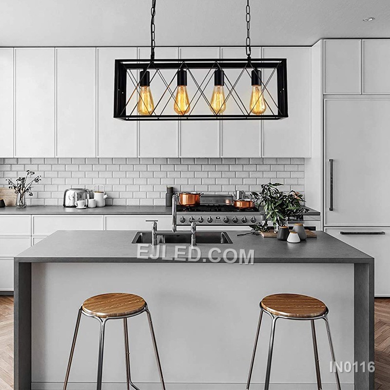 Displaying four exposed lamps within a black iron open rectangular cage, model IN0116 is designed for linear suspension over dining tables, kitchen islands, or hospitality counters, providing broad, ambient light. - view 3