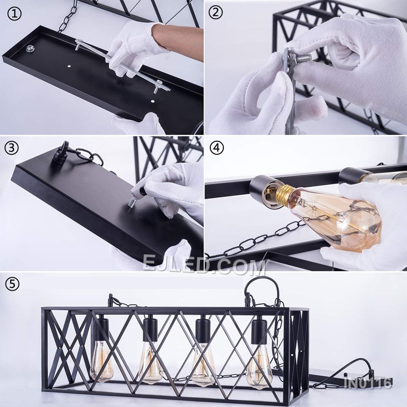 Displaying four exposed lamps within a black iron open rectangular cage, model IN0116 is designed for linear suspension over dining tables, kitchen islands, or hospitality counters, providing broad, ambient light. - view 5